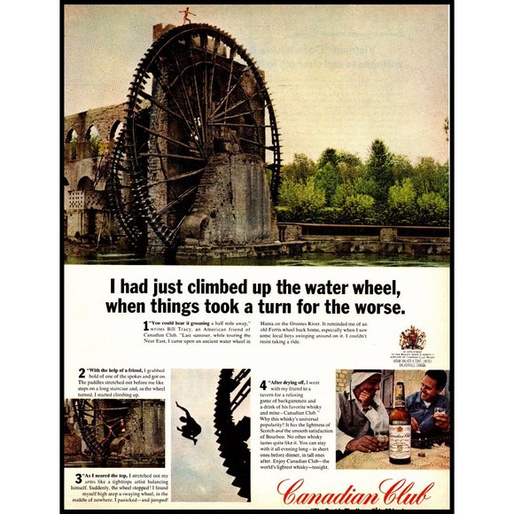 1967 Canadian Club Whisky Vintage Print Ad Water Wheel Orontes River Wall Art - Picture 1 of 1